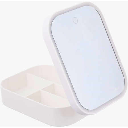 ✨TOATE PRODUSELE✨ - Portfard, , Geanta Cosmetice, cu Oglinda LED, 3 Moduri de Lumina, Incarcare USB, Baterie 1200 mAh, pentru Organizarea Cosmeticelor, 4 Compartimente, Imitatie Piele, Alb, 16.5x11.5x6 cm