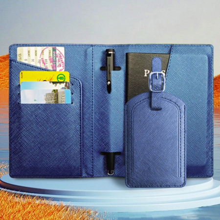 Portofel pentru Pasaport si Carduri, , 23x16 cm, 70g, din Piele PU, Suport Pix, Accesoriu Suport Eticheta, Unisex, Multifunctional, Albastru [2]