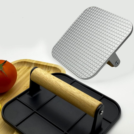 Presa Manuala pentru Carne, , din Aliaj de Aluminiu, Maner din Lemn, Presa pentru Burgeri, Usor de Curatat si Folosit, Patrata, 16x16x6 cm, Neagra [8]