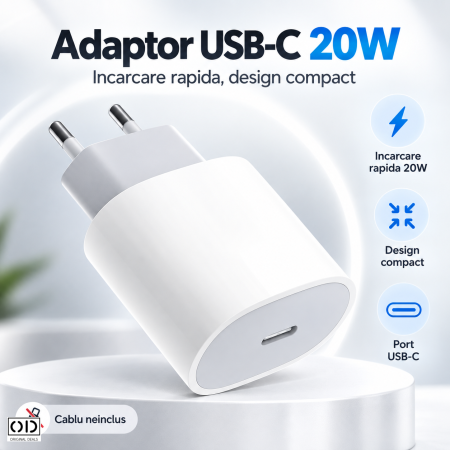 Laptop, Tableta & Telefoane - Incarcator retea USB-C 20W Fast Charge pentru iPhone, alb, compact | ORIGINAL DEALS