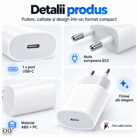 Incarcator retea USB-C 20W Fast Charge pentru iPhone, alb, compact | ORIGINAL DEALS [3]