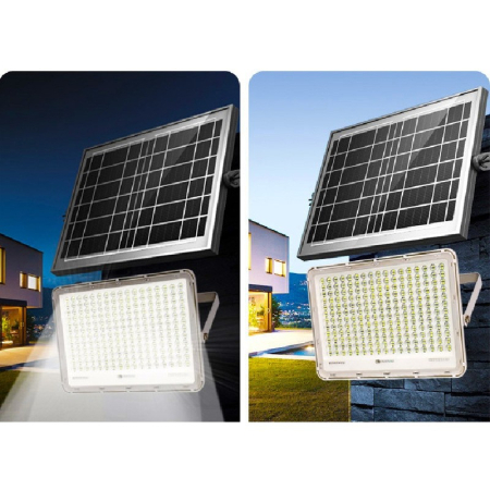 Proiector LED cu Panou Solar , Senzor de lumina Waterproof, 200W, 29x23 cm, suport U inclus, panou afisaj nivel baterie, telecomand, 220V, Design Modern, Alb [1]