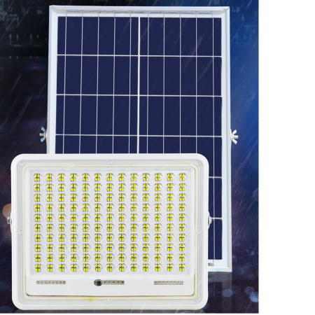 Proiector LED cu Panou Solar , Senzor de lumina Waterproof, 200W, 29x23 cm, suport U inclus, panou afisaj nivel baterie, telecomand, 220V, Design Modern, Alb [3]