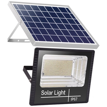 Lampi solare - Proiector LED/Lampa solara de exterior , 15 cm x 12 cm, Rezistent la Apa IP67, cu Panou Solar, 100 LED SMD, 30W, Senzor de lumina, Timer, cu Telecomanda, 2 moduri de iluminat, kit montaj inclus, Lumina Rece
