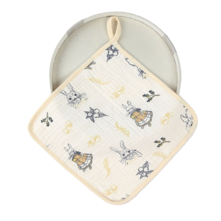 Articole Diverse copii - Prosop Absorbant, , din Bumbac, 25 x 25 cm, Model Iepurasi, cu Agatatoare, Bej