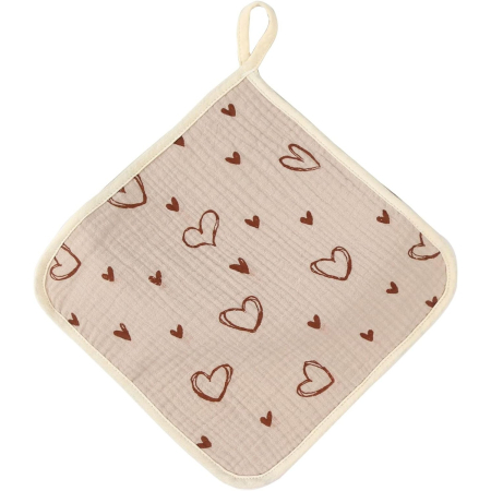 Articole Diverse copii - Prosop Absorbant, , din Bumbac, 25 x 25 cm, Model Inimioare, cu Agatatoare, Bej