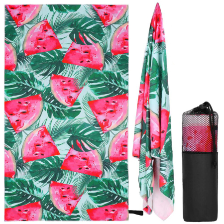 Cearsafuri si prosoape - Prosop de plaja cu uscare de rapida, husa de transport, 90x180cm, model pepene verde
