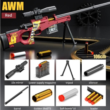 Pusca de Jucarie AWM Ultrarealista, , Manuala, cu Luneta, 10 de Proiectile din Spuma Moale, 5 Cartuse, 106 cm, 14 ani+, Rosu [2]