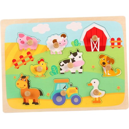 Puzzle Montessori din Lemn pentru Copii, , 3D, 0-3 Ani, Model Ferma, Educativ, Intuitiv, Creativ, 9 Piese, 30x22.5x0.8 cm, Multicolor [1]