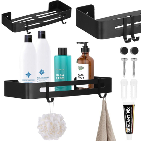 Raft de baie cu 2 agatatori, 2 sisteme instalare pe perete, aluminiu, 32x12x4cm, negru [14]