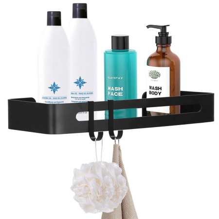 Raft de baie cu 2 agatatori, 2 sisteme instalare pe perete, aluminiu, 32x12x4cm, negru [6]