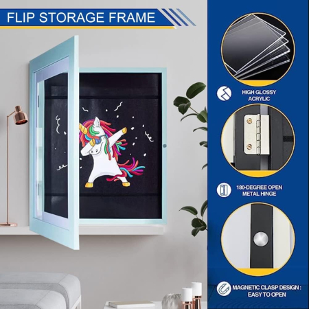 Rama Foto , cu Magnet, din Lemn, cu Spatiu Pentru Depozitare, Pentru Desene si Picturi A4, Sticla Securizata, Rama MDF, 21x30 cm, Albastru [9]