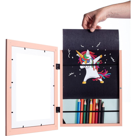 Rama Foto , cu Magnet, din Lemn, cu Spatiu Pentru Depozitare, Pentru Desene si Picturi A4, Sticla Securizata, Rama MDF, 21x30 cm, Roz [5]