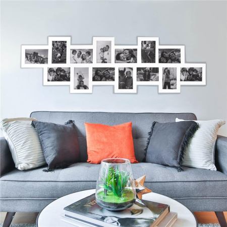 Rama foto de perete, colaj de 14 fotografii, 36x118cm, alb [2]