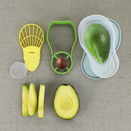 Recipient de Depozitare Avocado 5in1, , Etans, pentru Frigider, din Plastic, Dispozitiv de Taiat, Curatat, Feliat, 15x4.5x7 cm, Gri [2]