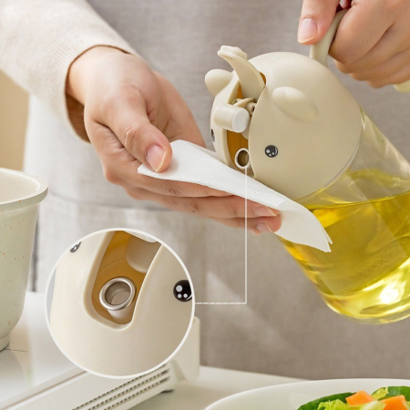 Recipient de ulei, , Model Ursulet, Sticla pentru Lichide de Bucatarie, Inchidere Deschidere Automata, 18.5 x 13 cm, Volum 630 ml, Bej [2]