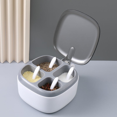Recipient pentru condimente , 4 casute, potrivit pentru sare, cimbru, piper, condimente, 4 lingurite din plastic, capac din plastic, maner, 14x14x8 cm, alb [1]