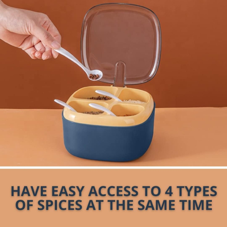 Recipient pentru condimente , 4 casute, potrivit pentru sare, cimbru, piper, condimente, 4 lingurite din plastic, capac din plastic, maner, 14x14x8 cm, albastru [3]