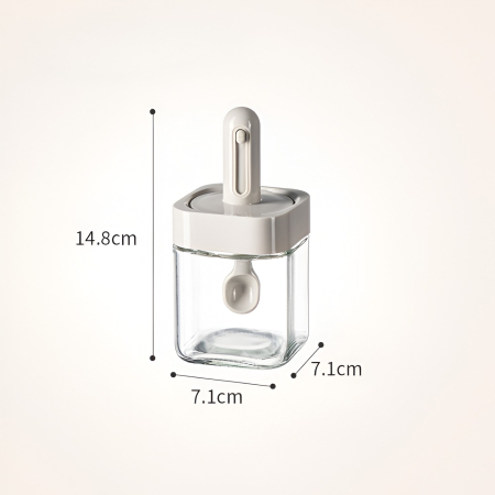 Recipient pentru Depozitarea Condimentelor, , Borcan din Sticla, Capac si Lingura Incorporate, Uz Casnic, 300 ml, 7.1x7.1x14.8 cm, Gri [1]