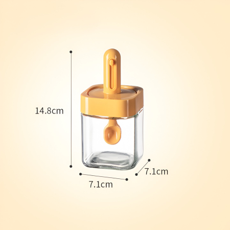 Recipient pentru Depozitarea Condimentelor, , Borcan din Sticla, Capac si Lingura Incorporate, Uz Casnic, 300 ml, 7.1x7.1x14.8 cm, Portocaliu [2]
