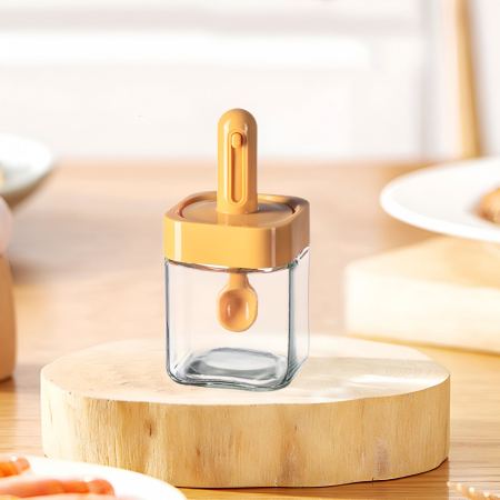 Recipient pentru Depozitarea Condimentelor, , Borcan din Sticla, Capac si Lingura Incorporate, Uz Casnic, 300 ml, 7.1x7.1x14.8 cm, Portocaliu [6]