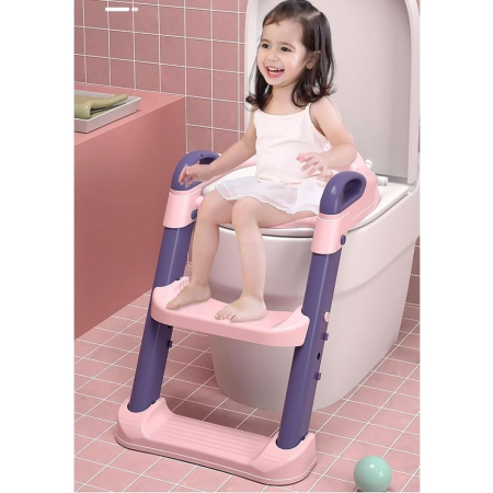 Reductor si Scaunel Inaltator WC, , pentru Copii 1 - 7 Ani, 2 Trepte Reglabile, Pliabil, Colac Moale, cu Spatar si Manere, Inaltime 54/58 cm x 39.5 x 35 cm, din Plastic+PVC, Roz/Mov [5]