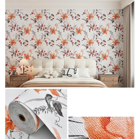 Rola Autoadeziva pentru Perete, , din Panza, 10 m, Rezistenta la Umezeala, 2.5 mm Grosime, Model Flori, Portocaliu [3]