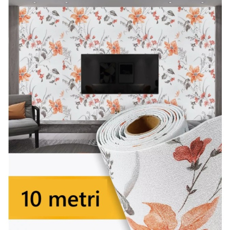 Rola Autoadeziva pentru Perete, , din Panza, 10 m, Rezistenta la Umezeala, 2.5 mm Grosime, Model Flori, Portocaliu [2]