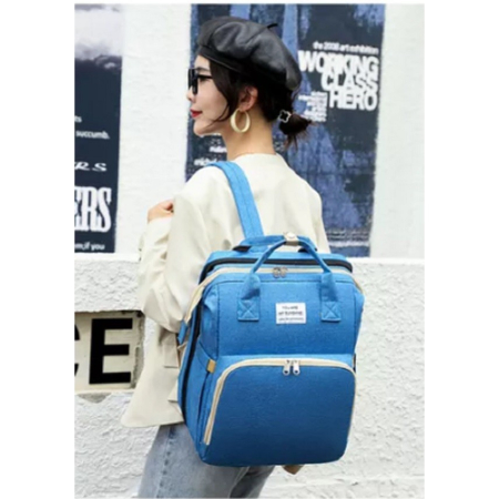 Rucsac Multifunctional pentru Mamici, , cu Patut Pliabil si Baza de Schimbat, Rezistent la Apa, Capacitate Mare, Usor, Compartimente Multiple, Buzunar Termic pentru Lapte, 42 x 32 x 22 cm, Albastru Deschis [3]