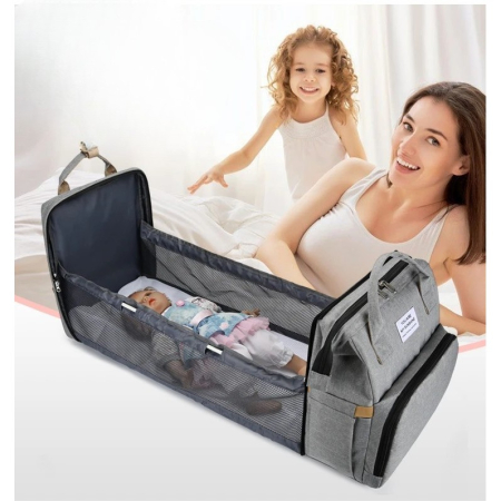Rucsac Multifunctional pentru Mamici, , cu Patut Pliabil si Baza de Schimbat, Rezistent la Apa, Capacitate Mare, Usor, Compartimente Multiple, Buzunar Termic pentru Lapte, 42 x 32 x 22 cm, Gri [9]