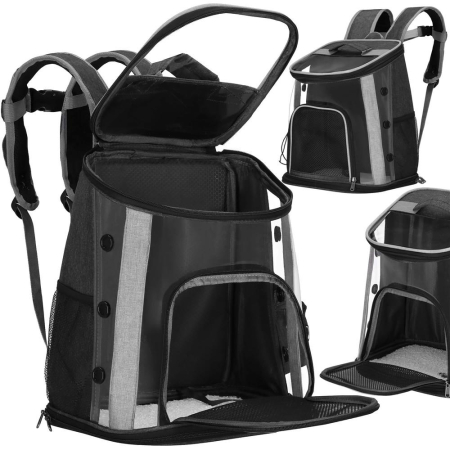 Rucsac transport animale talie mica-medie, maxim 15 kg, buzunare laterale, 38x34x26 cm, negru [6]