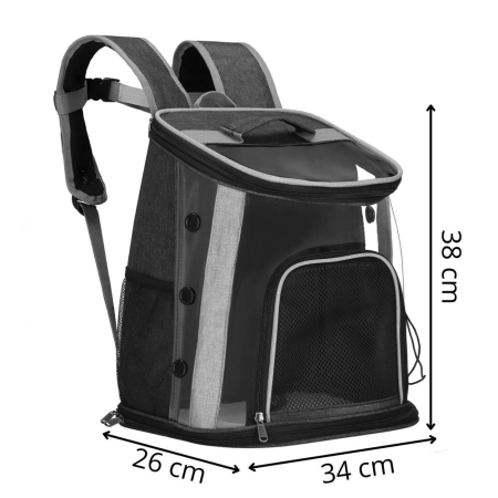 Rucsac transport animale talie mica-medie, maxim 15 kg, buzunare laterale, 38x34x26 cm, negru [18]