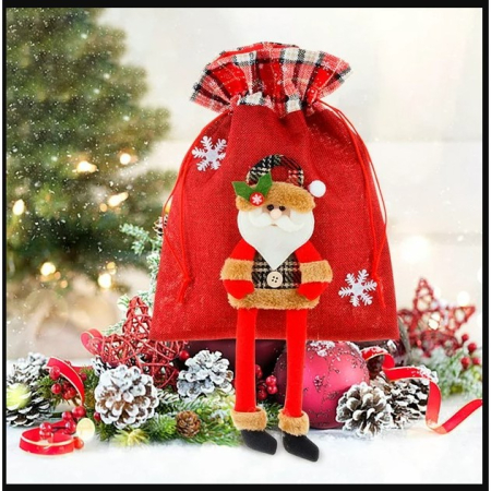 Sac cadouri , tematica Mos Craciun, Material Textil, 30x25 cm, cu Siret, Rosu [4]