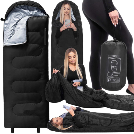 Sac de dormit tip mumie, cu geanta de transport, 220x80cm, 0-15grade, negru [1]