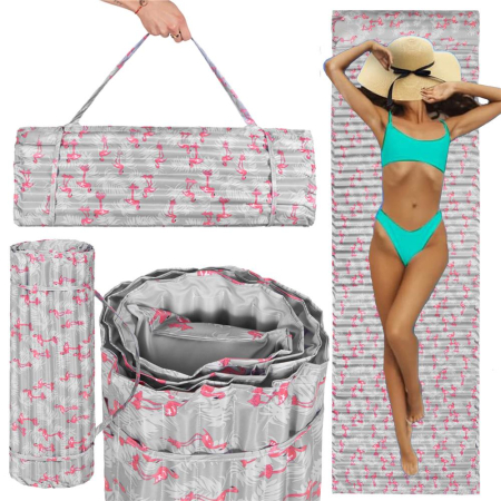 Saltea pentru plaja pliabila, din spuma, ultra-usoara, cu perna si maner de transport, 60x180cm, gri flamingo roz [15]