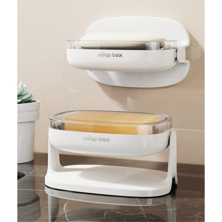 Savoniera cu Suport 2 in 1, , Pentru Perete sau Blat, PET, Scurgere Optima, Alb [2]