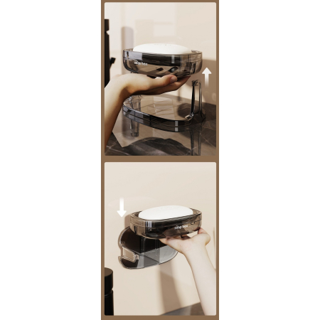 Savoniera cu Suport 2 in 1, , Pentru Perete sau Blat, PET, Scurgere Optima, GriTransparent [4]