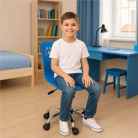 Scaun birou ergonomic, cu sezut din spuma, reglabil pe inaltime, maxim 120 kg, 90x49x48 cm, albastru [18]