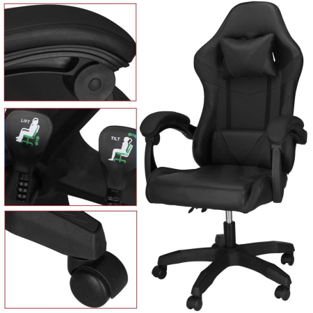 Scaun birou pentru gaming, ergonomic, suport lombar si tetiera, 114-123x55x50 cm, negru [12]