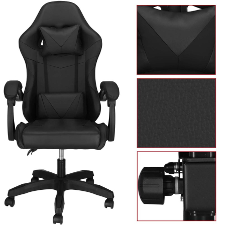 Scaun birou pentru gaming, ergonomic, suport lombar si tetiera, 114-123x55x50 cm, negru [13]