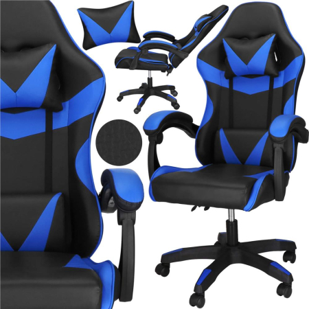 Scaun birou pentru gaming, ergonomic, suport lombar si tetiera, 114-123x55x50 cm, negru si albastru [3]
