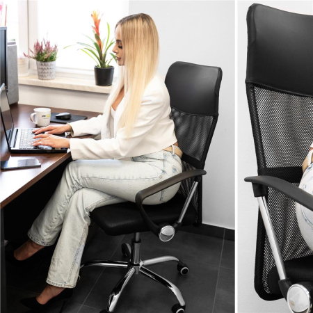 Scaun birou reglabil, ergonomic, cu spatar din microplasa respirabila si baza metalica cromata, 117x58x60 cm, negru [19]