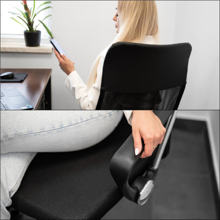 Scaun birou reglabil, ergonomic, cu spatar din microplasa respirabila si baza metalica cromata, 117x58x60 cm, negru [24]