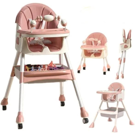Scaun de Masa 2in1, , pentru Copii de la 6 luni - 5 Ani, Inaltime Reglabila, Centura in 5 Puncte, Tava de Masa, Roti cu Frana, Cos Depozitare, Jucarie Inclusa, 94 x 78 x 60 cm, Roz [3]