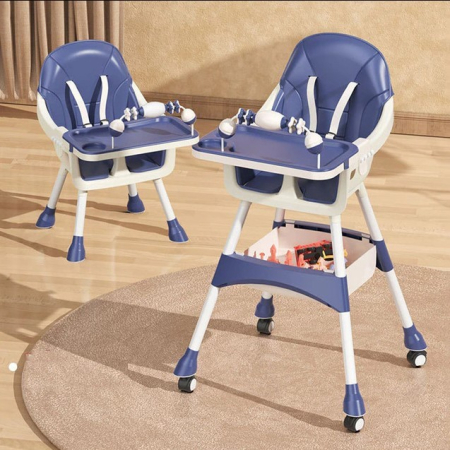 Scaun de Masa 2in1, , pentru Copii de la 6 luni - 5 Ani, Inaltime Reglabila, Centura in 5 Puncte, Tava de Masa, Roti cu Frana, Cos Depozitare, Jucarie Inclusa, 94 x 78 x 60 cm, Albastru/Alb [4]