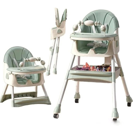 Scaun de Masa 2in1, , pentru Copii de la 6 luni - 5 Ani, Inaltime Reglabila, Centura in 5 Puncte, Tava de Masa, Roti cu Frana, Cos Depozitare, Jucarie Inclusa, 94 x 78 x 60 cm, Verde [5]