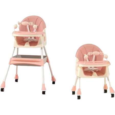 Scaun de Masa 2in1, , pentru Copii de la 6 luni - 5 Ani, Inaltime Reglabila, Centura in 5 Puncte, Tava de Masa, Roti cu Frana, Cos Depozitare, Jucarie Inclusa, 94 x 78 x 60 cm, Roz [4]