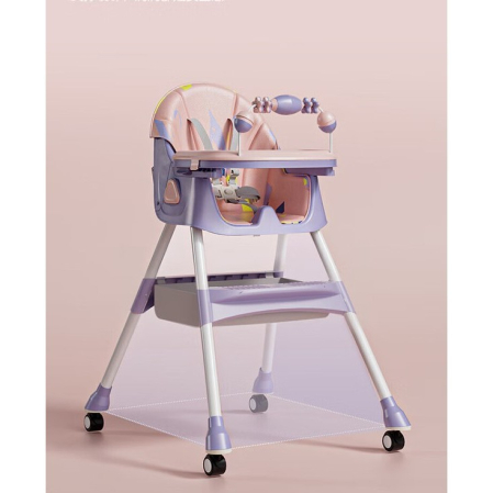 Scaun de Masa pe Roti pentru Copii, , 2 Tavite si Husa Detasabile, Multifuncțional, Stabil, Centura de Siguranta, Spatar Reglabil Moale, Balansoar, Cos de Depozitare, de la 6 Luni, Mov [10]