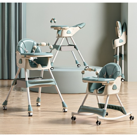 Scaun de Masa pentru Bebelusi si Copii, , 2 Tavite cu Jucarii si Husa Detasabile, Multifuncțional, Stabil, Centura de Siguranta, Spatar Reglabil Moale, Balansoar, Cos de Depozitare, de la 6 Luni, 97x73x65cm, Turcoaz [4]