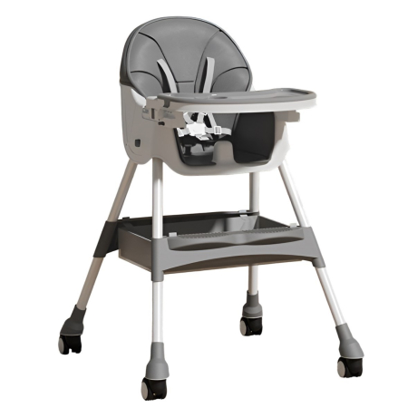 Scaune de masa bebe - Scaun de Masa pentru Bebelusi si Copii, , cu Roti, Telescopic, Pliabil, Masuta Reglabila, Suport Picioare, Scaun cu Invelis Piele Artificiala, Centura Siguranta, Spatiu Depozitare, 97x73x65 cm, Gri